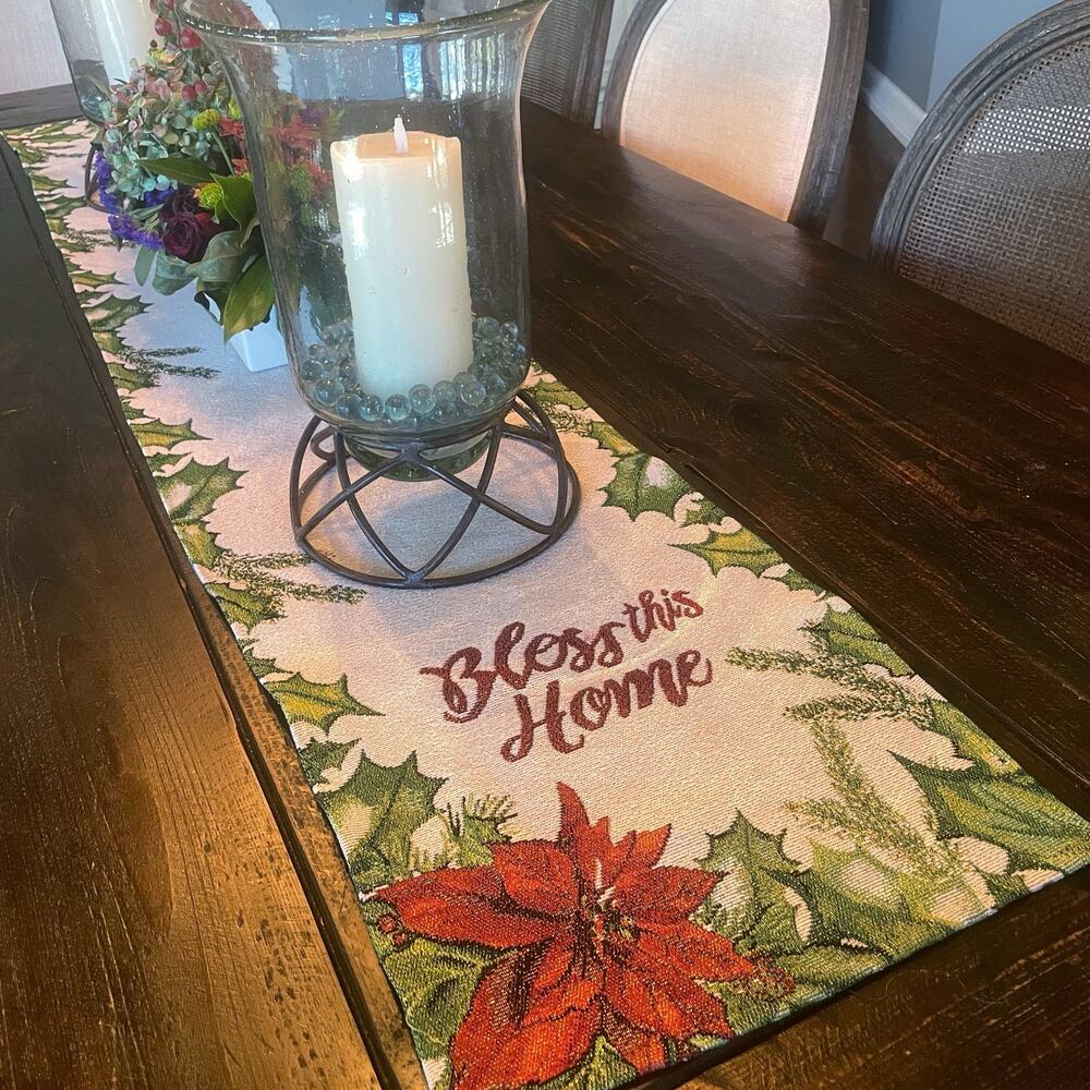 Bless This Home Christmas Poinsettia Tapestry Table Runner 13x70 Cream Red NWT